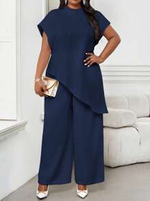 SHEIN Lady 2025 New Plus Size Women Solid Color Round Neck Loose Asymmetric Hem Elegant Navy Blue Blouse, Winter Valentine's Day Party