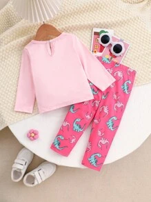 2pcs Baby Girls Cute Cartoon Dinosaur Print Round Neck Long Sleeve T-Shirt And Elastic Waist Pants Casual Outfit, Suitable For Spring/Autumn And Winter Layering, 6M-3T, Baby Girl Outfit, Baby Girl Set Baby Girl Pink Outfit,Baby Girl Pink Long Sleeve T-Shirt And Pants Co-Ord For Everyday Casual Wear,Baby Girl Clothes, Baby Girl Leggings, Baby Girl Pink Dinosaur Set - Multicolor - View 2