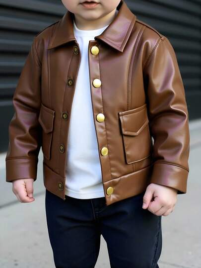 SHEIN Playful Pals Chaqueta casual de bebé niño con parche de cuero y solapa, de moda y fresca, adecuada para otoño/invierno, apropiada para salidas diarias, vacaciones, parques, fotografía. Chaqueta de cuero para bebé, chaqueta de cuero marrón para bebé, chaqueta de cuero para motociclista para bebé, chaqueta de cuero marrón para bebé, chaqueta de cuero marrón para bebé niño de otoño/invierno, chaqueta de cuero para bebé niño, chaqueta de cuero sintético para bebé niño, chaqueta de cuero sintético marrón para bebé niño, chaqueta de cuero para bebé niño