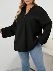 SHEIN CURVE+ Plus Size Textured Black Blouse: Button-Front, Roll-Tab Sleeve, Casual Top,Teacher Shirtsfall Clothes For Women,Winter,CURVE PLUS