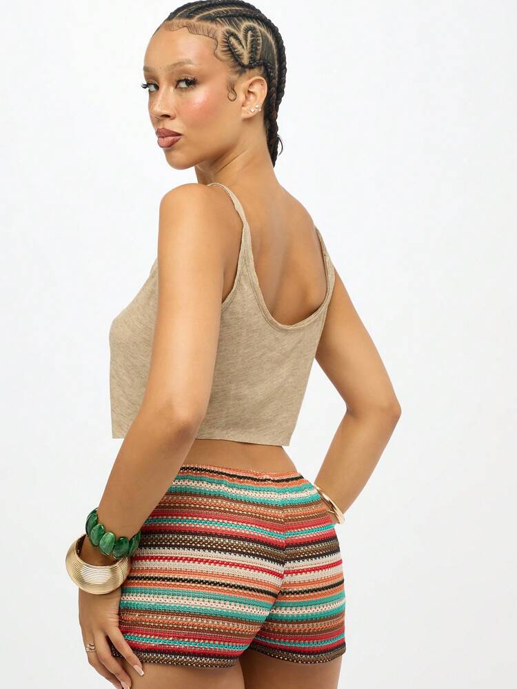 SUMWON WOMEN ボヘミアン ビーチ ニット ストライプ ブーティーショーツ クロシェ ビーズ カットアウト ハイウエスト フェスティバル 夏休み ミニショーツ
