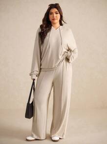 Elaquor Plus Size Solid Color Minimalist Casual Hoodie Long Sleeve Top And Pants 2 Pieces Set Fall - Grey - View 7