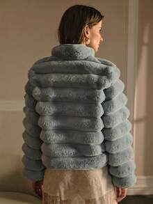 MOTF PREMIUM 纯色高领拉链门襟仿皮草大衣 - 淺藍色 - 查看 5