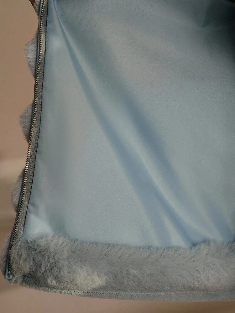 SOLID HIGH NECK ZIP PLACKET FAUX FUR COAT