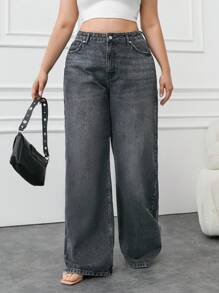 EURMUSE 100%Cotton Plus Size Slant Pocket Casual Wide Leg Jeans