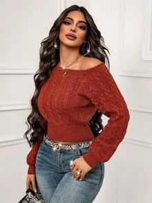 SHEIN LUNE Halloween Sexy Oblique Shoulder Gold Thread Orange Long Sleeve Waist Fitted Knit Sweater, Suitable For Commuting, Autumn/Winter,Maillard Style - Orange - View 6