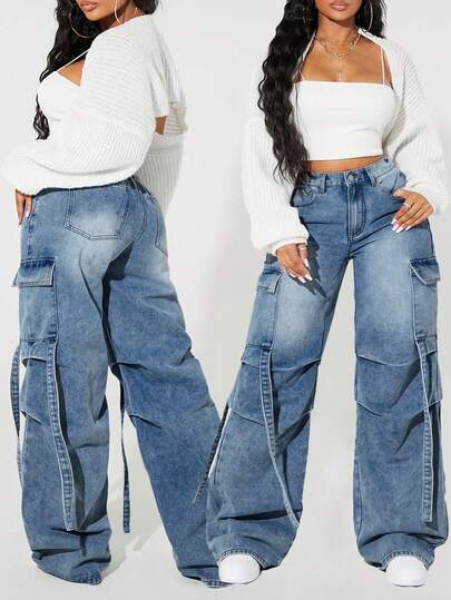 SHEIN ICON 大码女式工装口袋褶皱阔腿宽松休闲牛仔裤