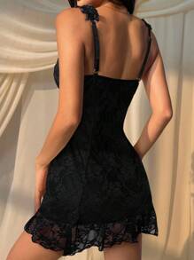 SHEIN EZwear 女式花卉黑色蕾丝蝴蝶结装饰紧身无袖迷你连衣裙 - 黑色 - 查看 2