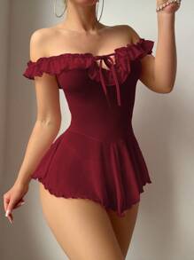 SHEIN 酒红色网眼吊带裙，荷叶边露肩设计，适合女性外出穿着 - 酒紅色 - 查看 4