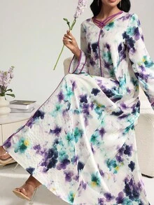 Al Najma V 领撞色绑带花卉印花连衣裙 - 彩色 - 查看 1