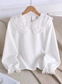 Girls' Elegant Embroidered Floral Lace Trim Long Sleeve Casual Pullover Blouse, Spring/Autumn Fall Winter - White - View 5