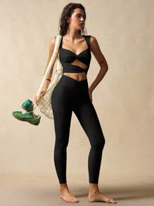 VARSIVA 女士纯色扭结镂空短款运动背心，夏季运动文胸 - 黑色 - 查看 8