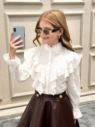 SHEIN Serisse Kids Tween Girls Enfärgad Aprikos Elegant Delikat Retro Palatsstil Stand Collar Volang Jacquard Texturerad Knapp Utsvängd Ärm Aprikos Blus, För Vardagsbruk, Tillbaka Till Skolan