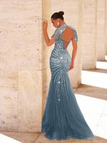 Glamrae 优雅奢华串珠亮片网眼美人鱼连衣裙，流苏袖设计，适合婚礼、派对、度假、庆典、晚会正式穿着（重度装饰）