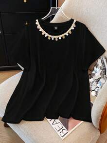 GlowEve CURVE 大码女式休闲贝壳装饰领短袖T恤 - 黑色 - 查看 3