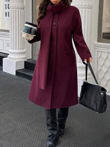 Calvaya 大码纯色围巾和羊毛大衣，时尚百搭，秋冬 - 酒紅色 - 查看 6