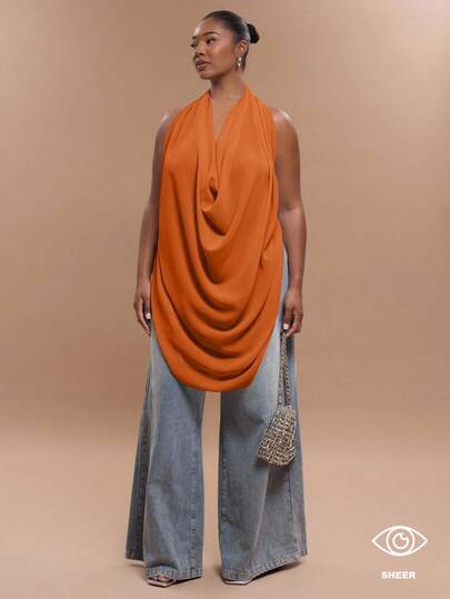 MUSERA Plus Size Chiffon Extreme Halter Neck Draped Backless Top For , , Club, Holiday Fall Autumn