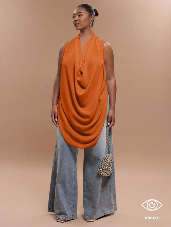 MUSERA Plus Size Chiffon Extreme Halter Neck Draped Backless Top For Going Out, Sexy, Club, Holiday, Vacation Summer, Rave, Festival, Concert, Ibiza  Winter