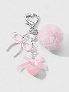 ROMWE Kawaii 1pc Elegant Sweet Minimalist Fashion Collegiate Style Faux Pearl Resin Heart Chain Ribbon Acrylic Bow Pom-Pom DIY Keychain Bag Charm, Suitable For Women, Daily Wear, Holiday Gift - Pink - View 1
