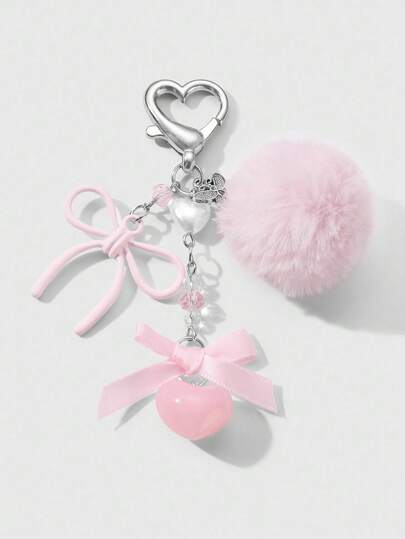 Kawaii 1pc Elegant Sweet Minimalist Fashion Collegiate Style Faux Pearl Resin Heart Chain Ribbon Acrylic Bow Pom-Pom DIY Keychain Bag Charm, Suitable For Women, Daily Wear, Holiday Gift