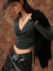 Easelle Top à manches longues avec décolleté plongeant, style sexy . Catégorie polyvalente de t-shirt/sous-vêtement, convient à ceux qui recherchent le style personnalisé, la sensualité et la mode. Peut être porté au quotidien ou pour créer un look sexy. - Gris foncé - Voir 8