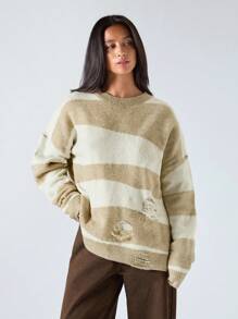 LYSMO Women's Casual Colorblock Striped Distressed Sweater, Autumn/Winter - Green - View 5