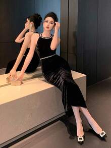 DAZY 女士优雅水钻装饰吊带中长连衣裙，夏季舞会礼服，新年晚会礼服，吊带裙 - 黑色 - 查看 4