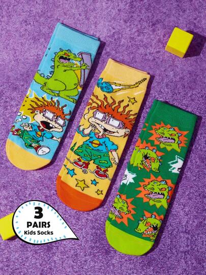 Nick 90s | SHEIN 3 Pairs Cotton Dinosaur Boys Soft & Breathable Moisture-Wicking Kids Mid-Calf Socks Colorful Blue Cute Cartoon Crew Socks Reinforced Toe & Heel For Durability All Seasons All-Match School & Outdoor Summer Winter