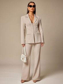 Silquee 女式纯色百搭简约设计休闲裤 - 卡其色 - 查看 4