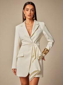 Silquee 高端系列秋冬纯米色早秋时尚女装适合上班办公室女士商务休闲女装西装套裙垂坠丝带设计，不对称设计高端西装套裙，一字肩棉质设计，优雅淑女女装，端庄大方简约简约长袖时尚连衣裙，适合日常穿着，优雅西装套裙，适合日常约会，夜间办公室，夜店，聚会，派对 - 杏色 - 查看 4