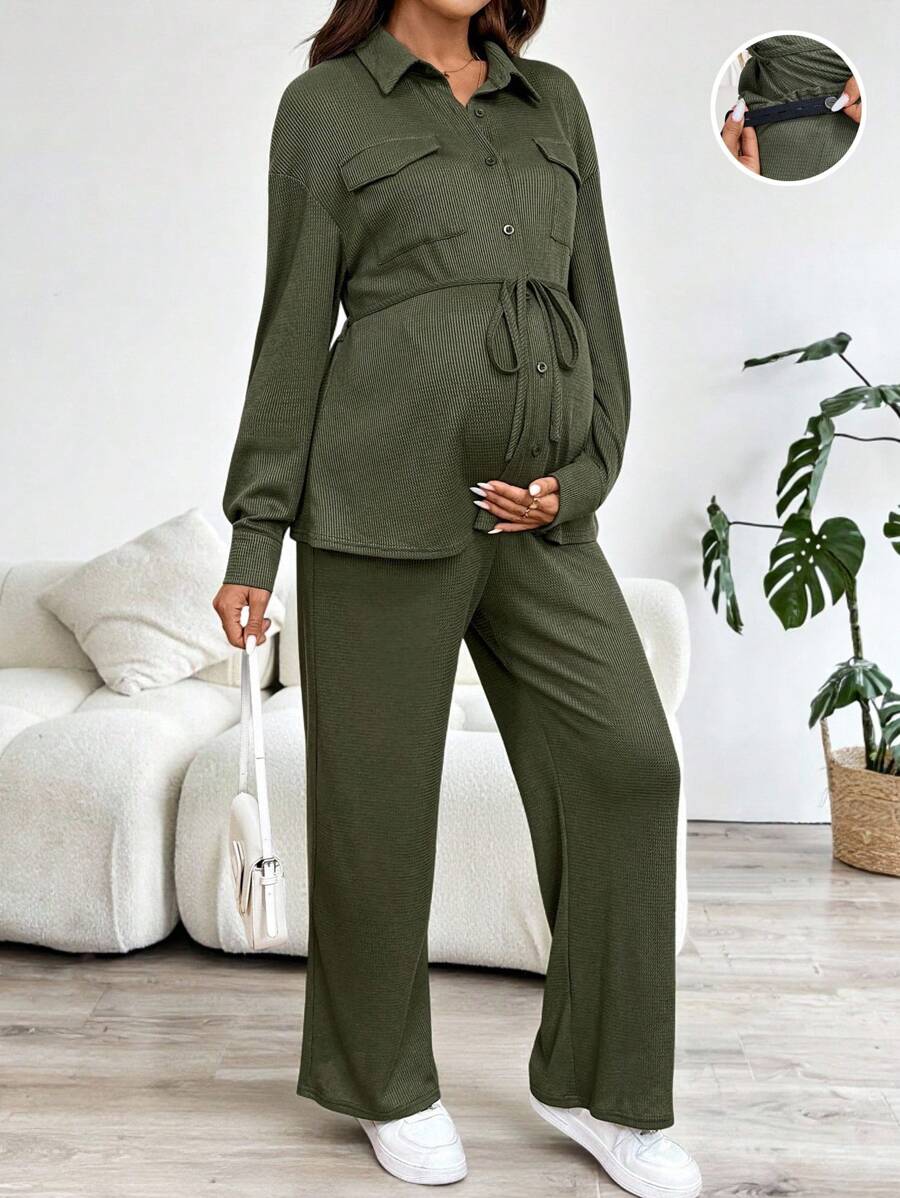 SHEIN 2 peças Conjunto de Maternidade: Jaqueta de Manga Longa com Ombros Caídos e Botão Único na Cor Sólida e Calça com Cintura Ajustável, Casual