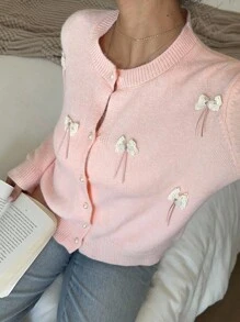 SHEIN CovetEZ 女士柔粉色蝴蝶结单排扣开衫，适合秋冬季 - 粉色 - 查看 6