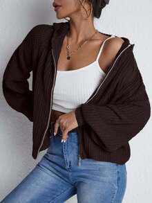EURMUSE 女士纯色简约日常拉链针织开衫 - 棕色 - 查看 3