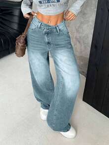 EURMUSE Women's Thick Denim Jeans, Oblique Placket, Loose Wide-Leg Pants, Blue - Light Wash - View 4