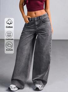 EURMUSE 低腰灰色洗水宽松阔腿牛仔裤 - 灰色 - 查看 1