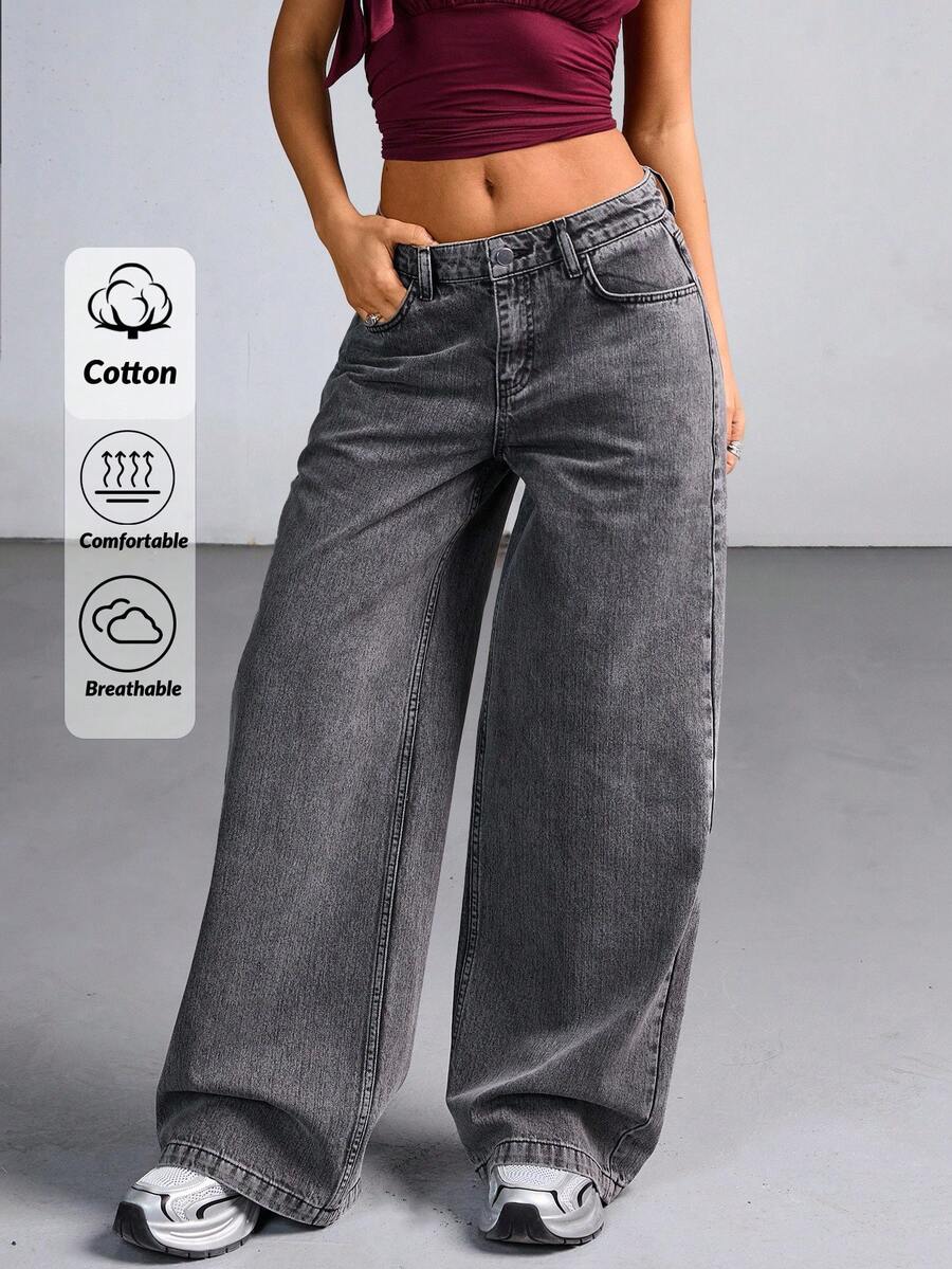 EURMUSE 低腰灰色洗水宽松阔腿牛仔裤 - 灰色 - 查看 1