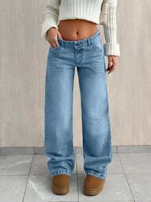 EURMUSE LOW WAIST BAGGY LOOSE STRAIGHT LEG JEAN - Baby Blue - View 4