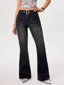 SHEIN EZwear 女式中腰休闲时尚修身纯色喇叭牛仔裤 - 黑色 - 查看 4
