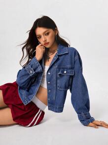 Rivivi Women's Fashion Casual Button-Up Long Sleeve Denim Jacket - Blue - View 9