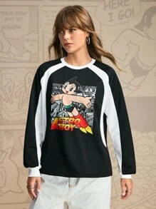 Astro Boy X SHEIN Sudadera casual de uso diario con mangas raglán, estampado de dibujos animados y contraste de color para mujer - Negro - Ver 3
