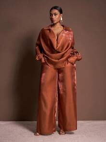 Veslaya Bộ đồ 2 mảnh dành cho nữ cỡ lớn, thanh lịch, gợi cảm, dáng rộng, tay phồng, cổ chữ V sâu, vạt cong, kết hợp áo sơ mi và quần ống rộng dài, chất liệu chiffon, dành cho mùa Xuân/Thu - B - màu nâu - Xem 1