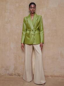 SHEIN Privé VITNOS 新款秋冬高端女士休闲日常通勤女士纯色 PU 皮革翻领长袖时尚西装外套绿色西装外套女士女士仿皮西装外套绿色仿皮西装外套女士西装外套配腰带女士西装外套 - 薄荷綠 - 查看 4