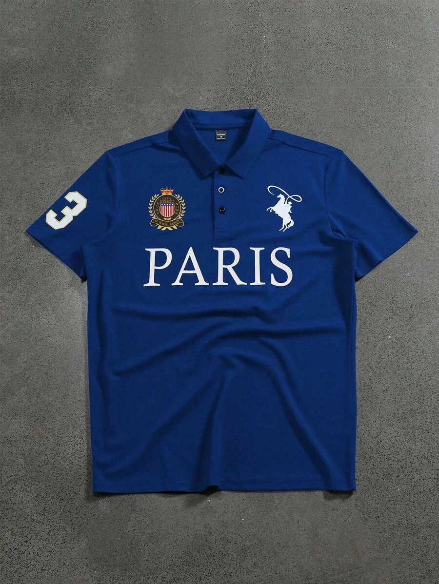 Calvornis Men's Letter Printed Short Sleeve Casual Commuter Polo Shirt - Blue - View 1