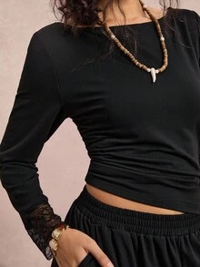 SHEIN VCAY Ensemble 2 pièces femme grande taille, Top plissé à manches longues de couleur unie et pantalon large, tenue décontractée - Noir - Voir 1