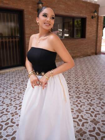 Melissa Matos 女士夏季黑白色拼接無肩帶A字裙迷你裙 - 黑色