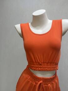 SHEIN Solid Crop Tank Top & Split Thigh Skirt - Orange - View 4