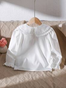 女孩优雅蕾丝边刺绣双层彼得潘领长袖休闲公主衬衫，适合度假、旅行、派对、生日礼物，春秋季 - 白色 - 查看 2