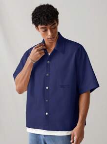 SWAVVY 男士休闲日常年轻英伦图案宽松短袖 Polo 衫 - 藏蓝色 - 查看 3