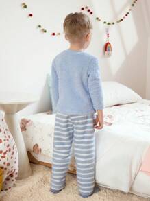 2pcs Young Boy Blue Cartoon Dog Embroidered Fleece Pajama Set,Winter Kids Plush Loungewear,Autumn,Family Matching Sleepwear For Kids Fall - Blue - View 2