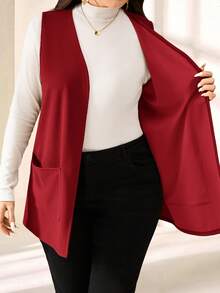 EMERY ROSE Plus Size Solid Color Sleeveless Loose Pocket Simple Casual Coat,Spring/Summer,Vacation / Vacation Autumn Winter - Red - View 6